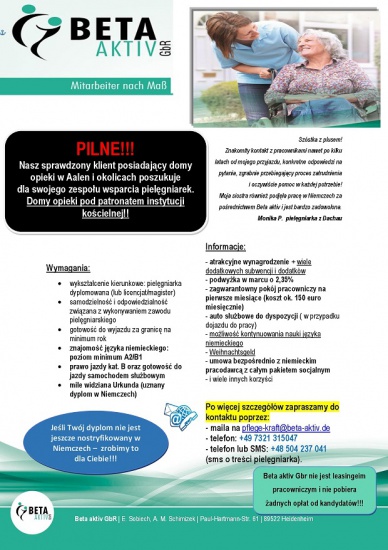 Pielęgniarka – praca - dom opieki pod patronatem instytucji kości